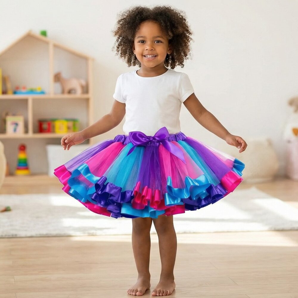 Girls Rainbow Tulle Tutu Skirt | Purple Blue Pink Ruffle Trim w/ Bow | Party